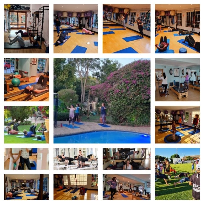 Clients doing Pilates exercises indoors and outdoors