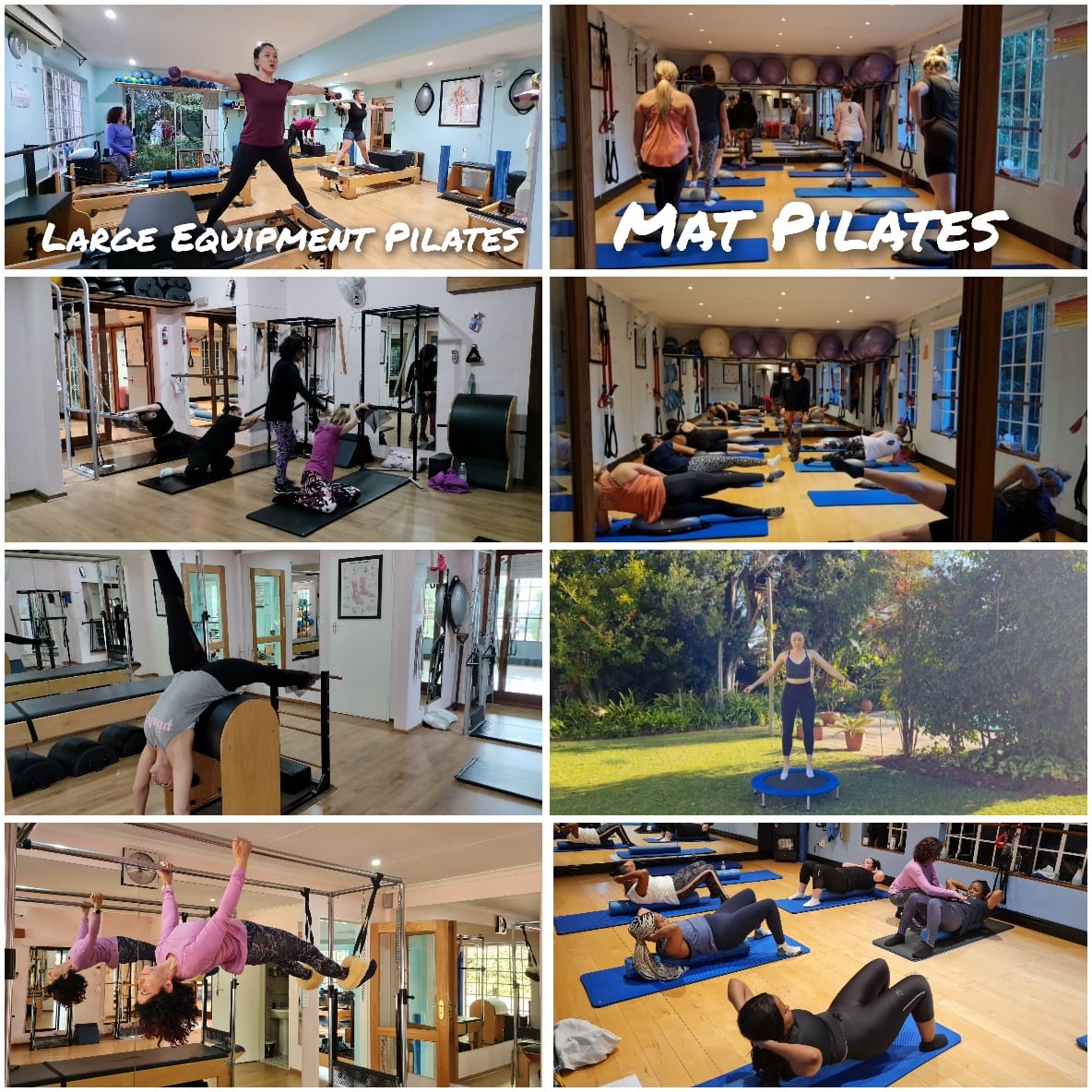 Collage of Pilates mat and equipment classes