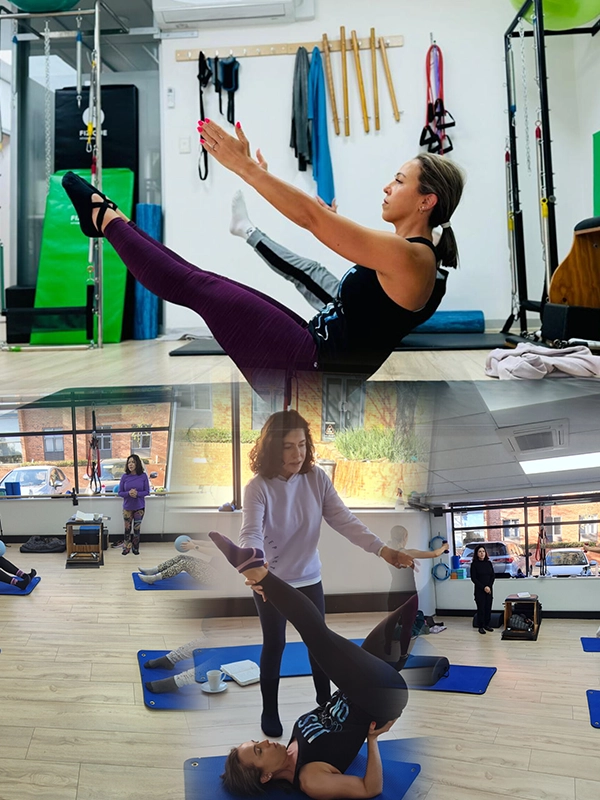 Pilates students learning on the Reformer and studio equipment