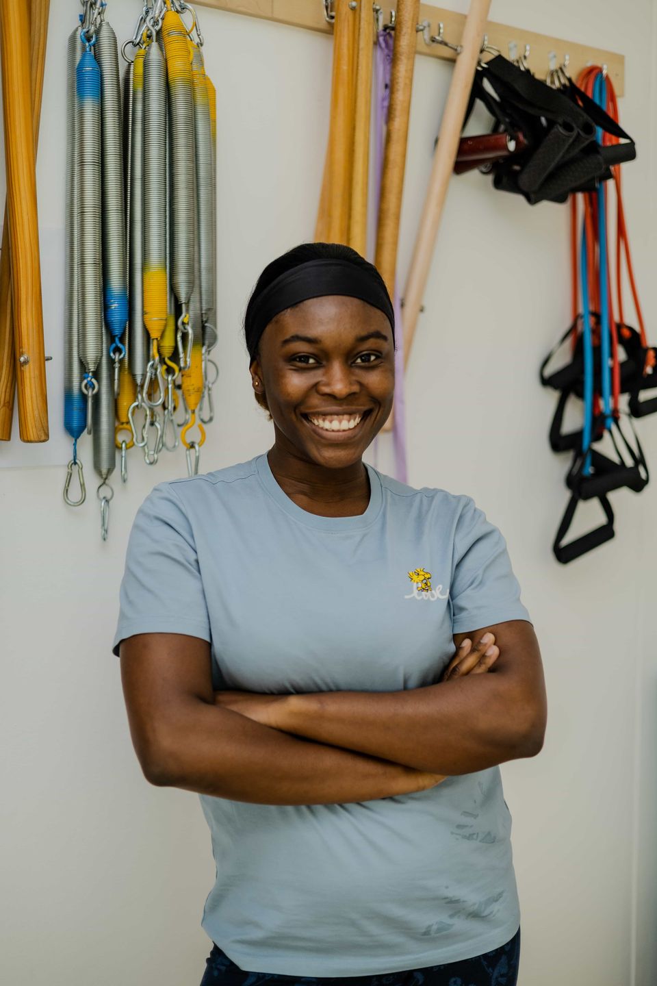 Aurelie, Pilates instructor and biokineticist, in front of the spring wall at Pilates Dynamics in Randburg