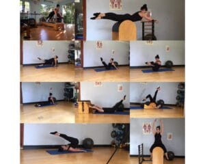Woman demonstrating various Pilates mat and equipment exercises